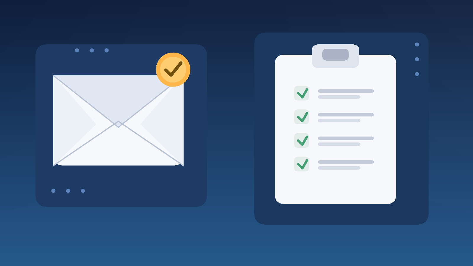 Original illustration of an email envelope, checklist clipboard, and shield representing using a dedicated inbox for background checks.