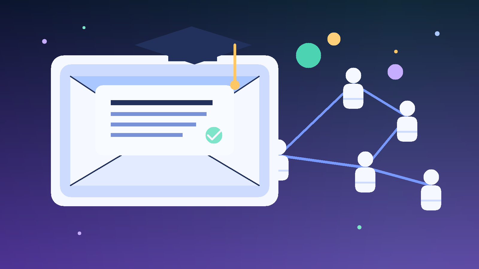 Illustration of alumni networking with an email envelope, graduation cap, and connected people icons.