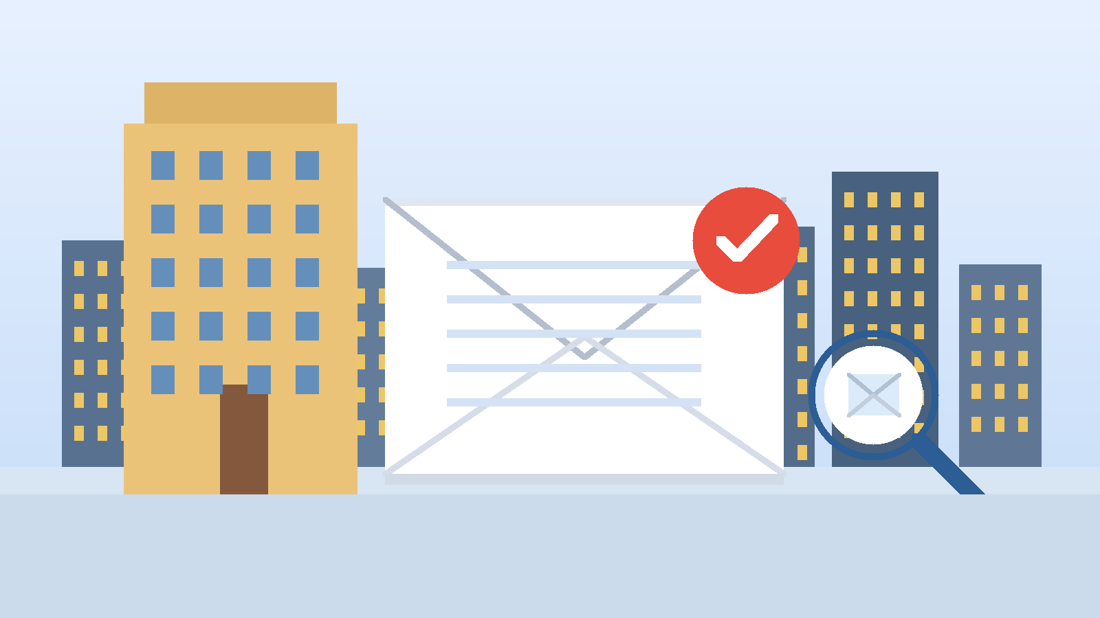 Stylized apartment buildings beside an email envelope, representing privacy for apartment inquiries