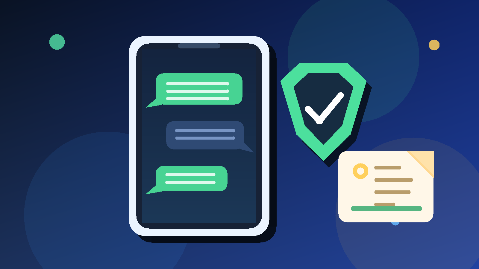 Illustration of a secure chat app, job offer document, and verification shield