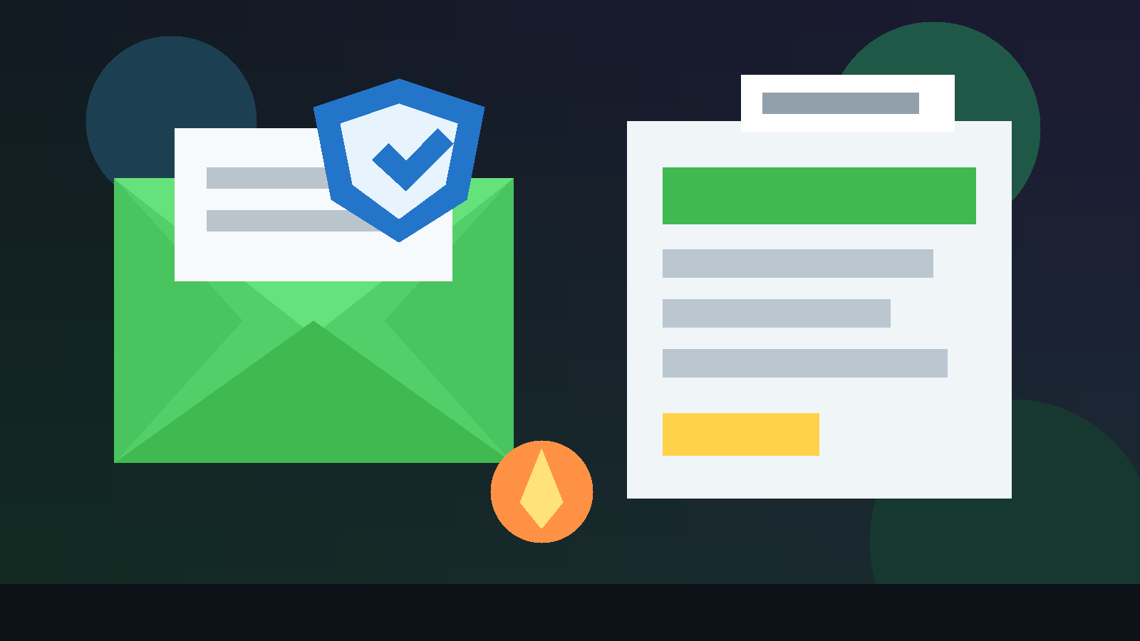Illustration of a temporary email inbox next to language learning cards and a shield for Duolingo sign-up privacy