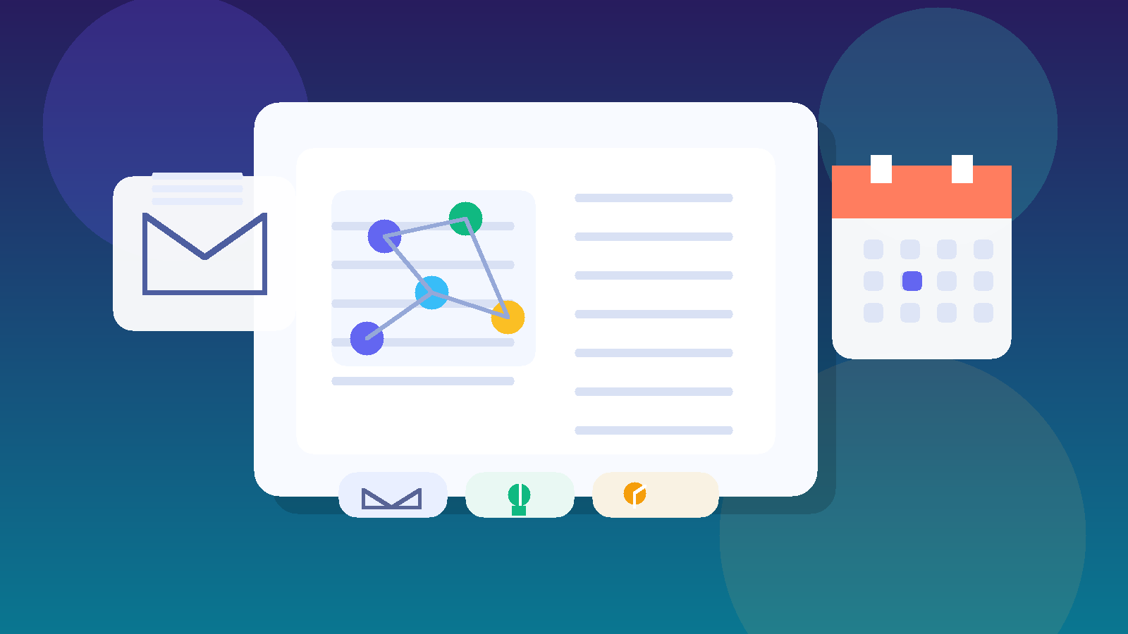 Illustration of a temporary email inbox next to a note-taking workspace and calendar, representing Reflect sign-up privacy.