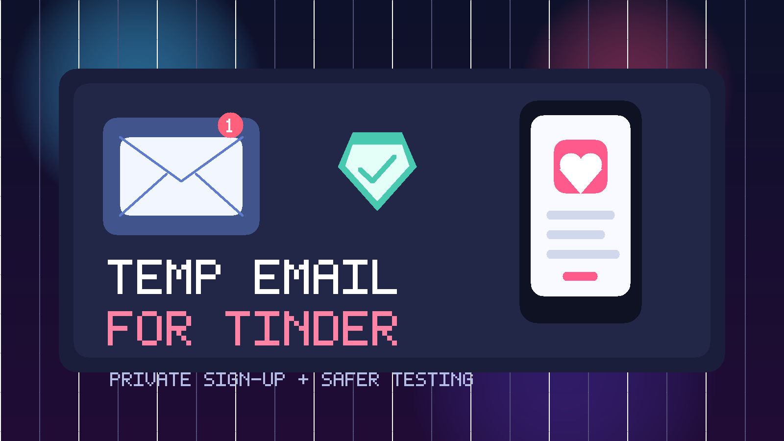 Illustration of a temporary email inbox and a dating app privacy shield for Tinder sign-up privacy