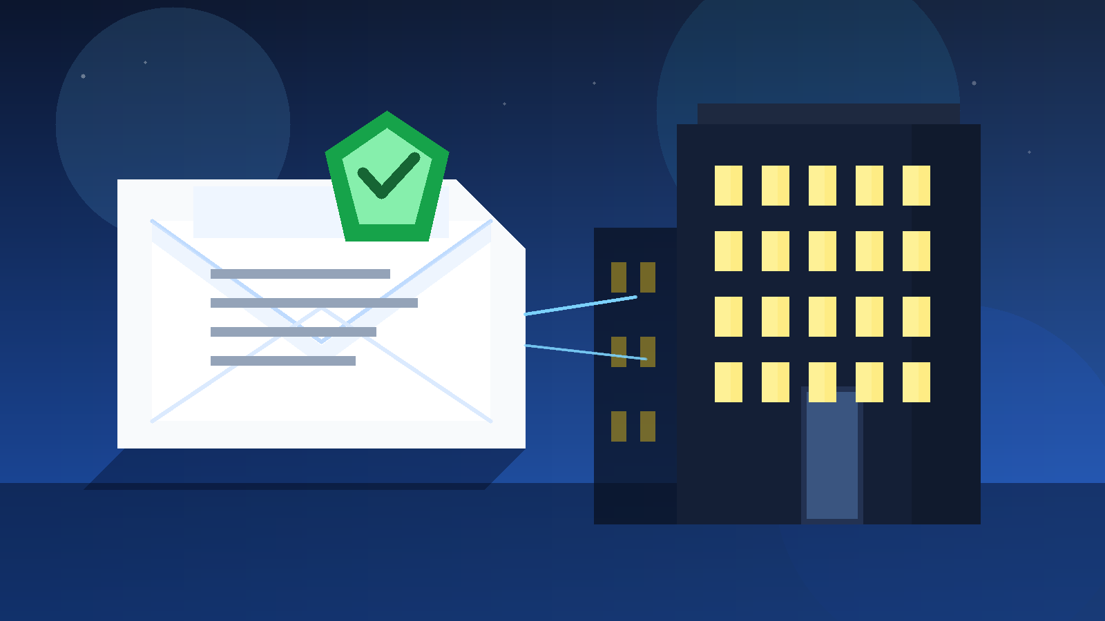 Illustration of an apartment building and protected email envelope for apartment applications
