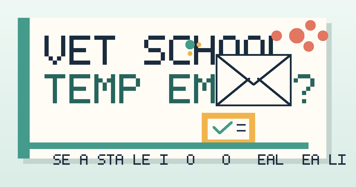 Illustration of an email envelope, checklist, and paw print for veterinary school application email privacy