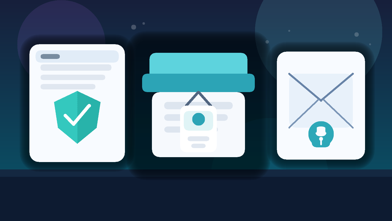 Illustration of a privacy-focused email setup for career fairs with a shield, a name badge, and an email envelope.