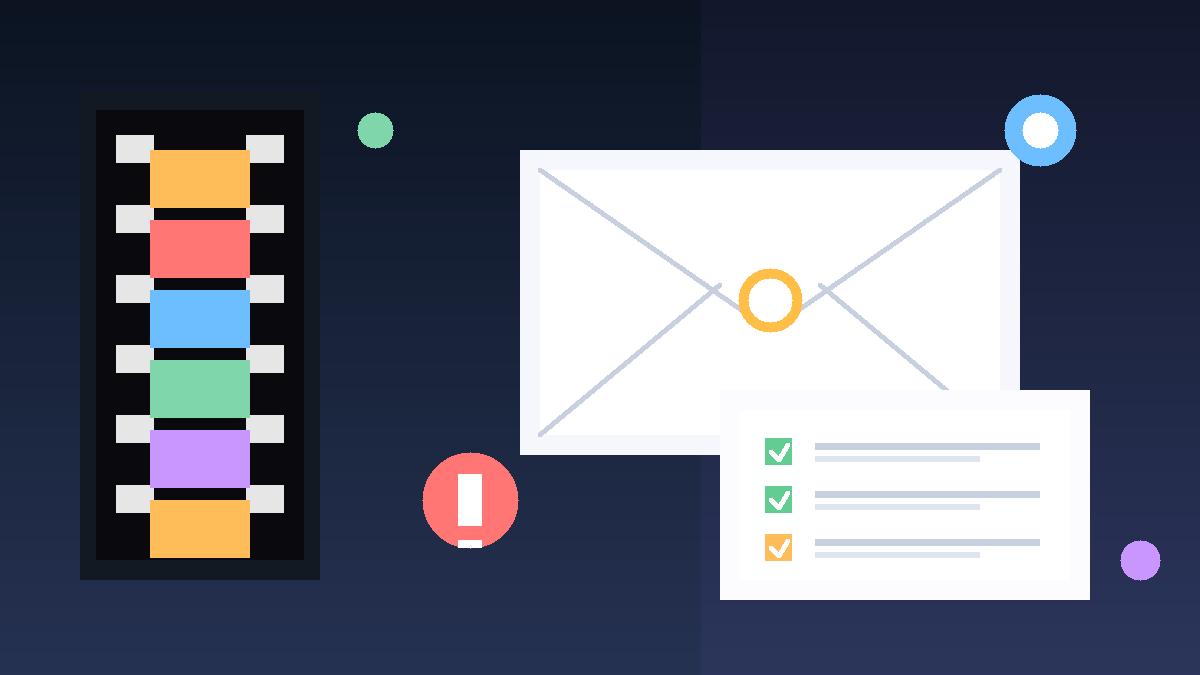 Illustration of a film strip, email envelope, and admissions checklist for film school applications.